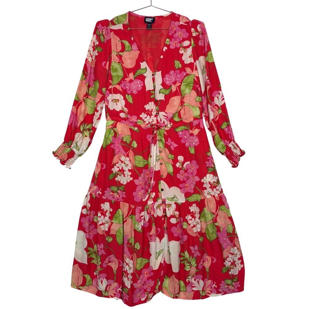 Lands' End Women Dress M/P Red Floral Long Sleeve V-Neck Tiered Viscose